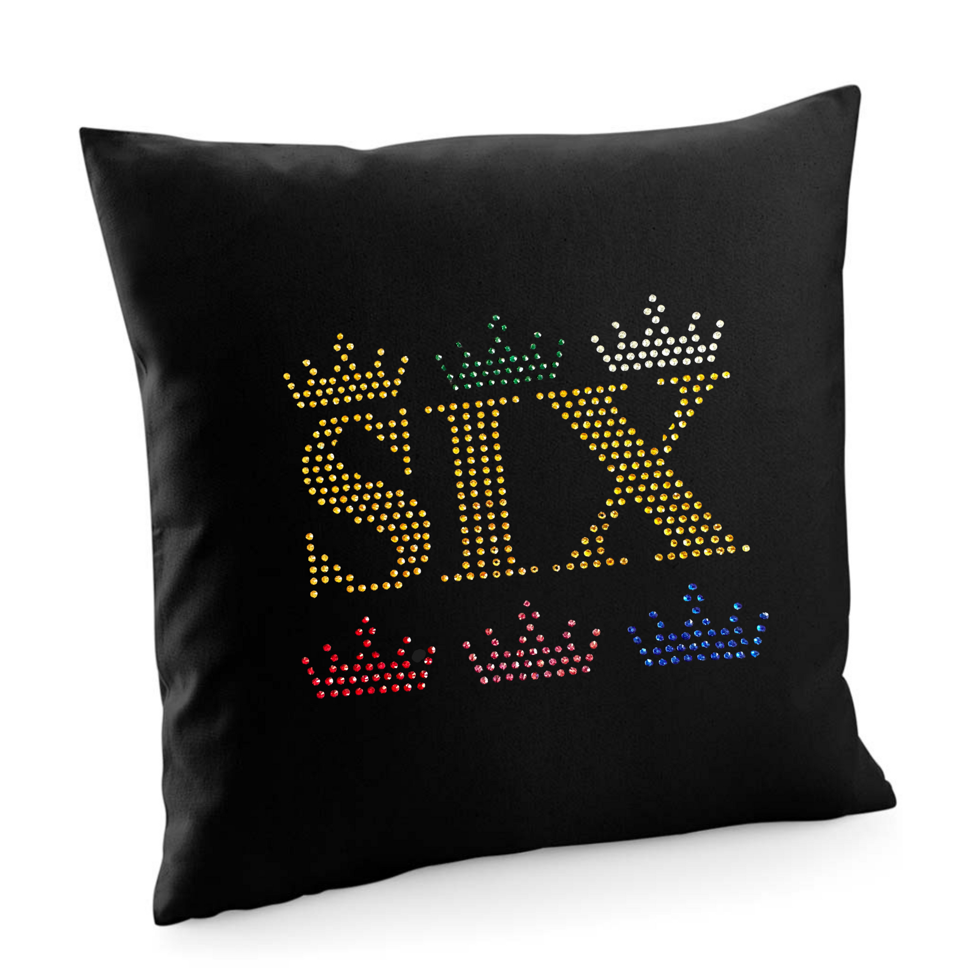 SIX THE MUSICAL BLACK COTTON CUSHION COVER WITH SIX LETTERING, WITH THREE CROWNS ABOVE AND BELOW THE LETTERING, A COLOUR CROWN FOR EACH QUEEN.
THE DESIGN IS MADE UP OF HOT FIX RHINESTONES THAT HEAT PRESSED AND CATCH THE LIGHT BEAUTIFULLY