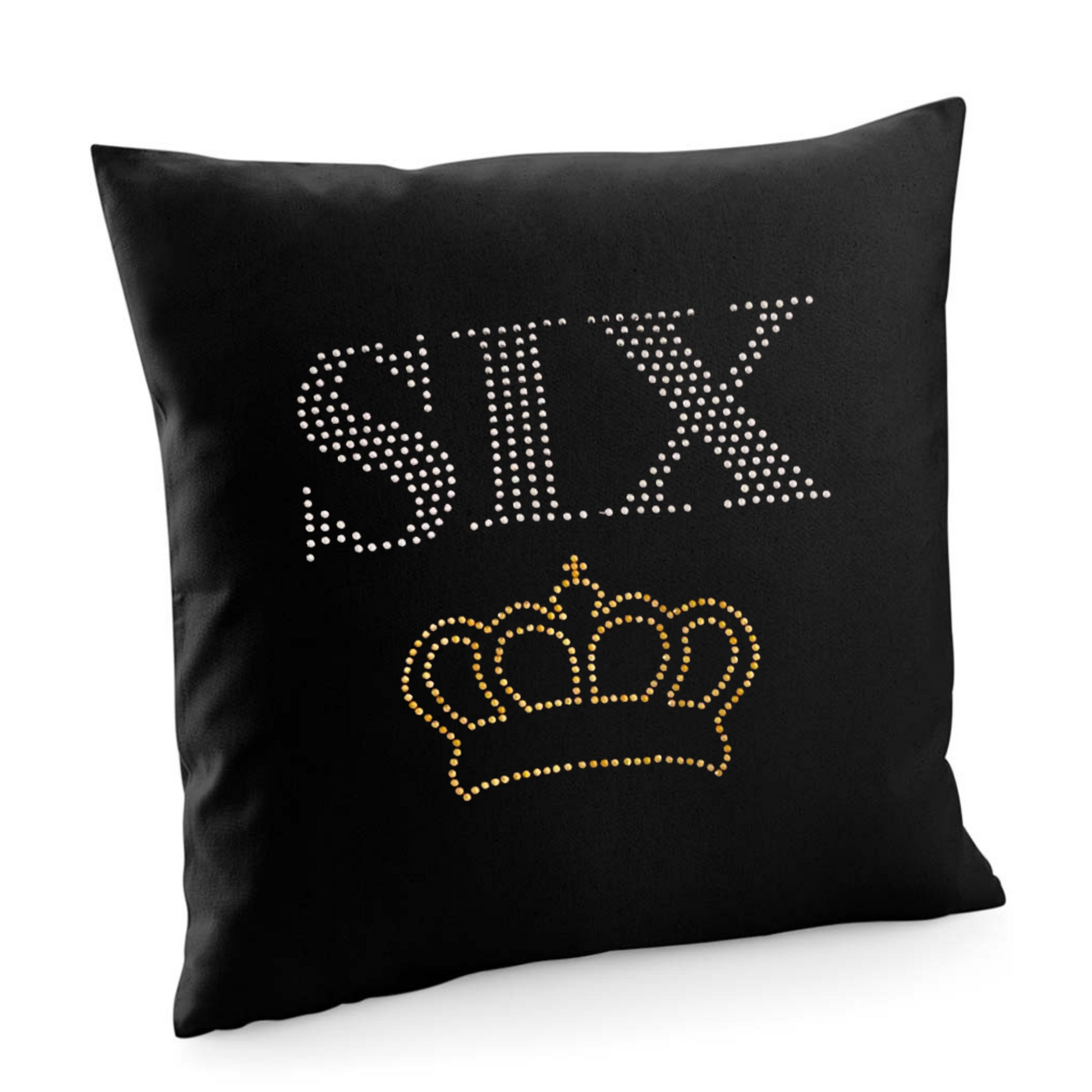 SIX THE MUSICAL BLACK COTTON CUSHION COVER WITH SIX LETTERING, WITH GOLD CROWN UNDERNEATH
THE DESIGN IS MADE UP OF HOT FIX RHINESTONES THAT HEAT PRESSED AND CATCH THE LIGHT BEAUTIFULLY