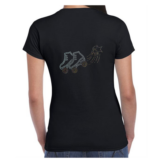 Black ladies fit t shirt with silver roller skates, the wheels are rainbow rose gold and there is a star and little trails coming from the wheels also in rainbow rose gold.
The design is made up of sparkling hot fix rhinestones that catch the light and sparkle.