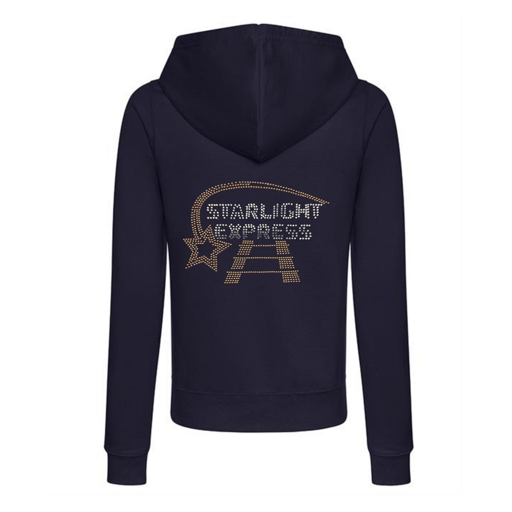 Zip up navy hoodie, on the back there is  silver Starlight Express writing with rainbow rose gold starlight trail over the top of the writing and train track underneath..
The design is made up of sparkling hot fix rhinestones that catch the light and sparkle.