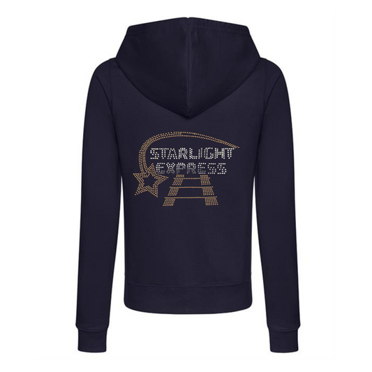 Zip up navy hoodie, on the back there is  silver Starlight Express writing with rainbow rose gold starlight trail over the top of the writing and train track underneath,
The design is made up of sparkling hot fix rhinestones that catch the light and sparkle.