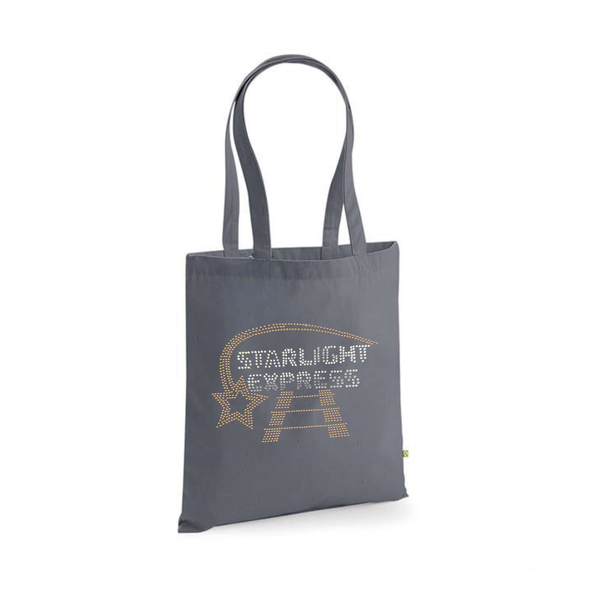 Dark grey cotton tote bag, on the front there is  silver Starlight Express writing with rainbow rose gold starlight trail over the top of the writing and train track underneath.
The design is made up of sparkling hot fix rhinestones that catch the light and sparkle.