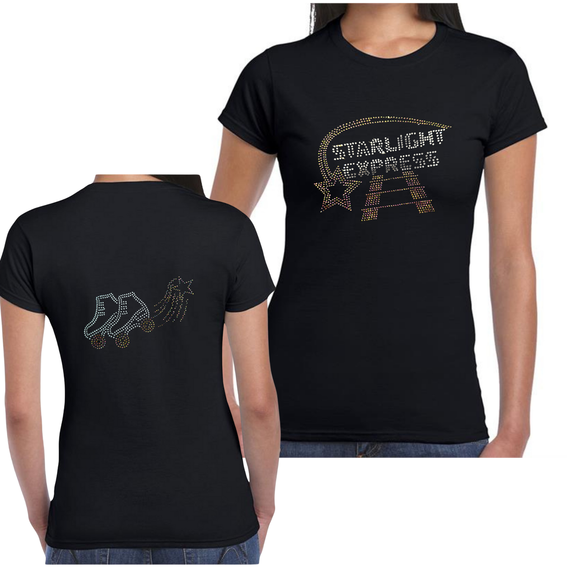 Double sided black ladies fit t shirt, On the back there is a Starlight trail with a set of roller skates in silver with rainbow rose gold wheels to match the trail. On the front is silver Starlight Express writing with rainbow rose gold starlight trail over the top of the writing and train track underneath,
The design is made up of sparkling hot fix rhinestones that catch the light and sparkle.