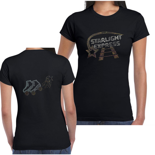Double sided black ladies fit t shirt, On the back there is a Starlight trail with a set of roller skates in silver with rainbow rose gold wheels to match the trail. On the front is silver Starlight Express writing with rainbow rose gold starlight trail over the top of the writing and train track underneath,
The design is made up of sparkling hot fix rhinestones that catch the light and sparkle.
