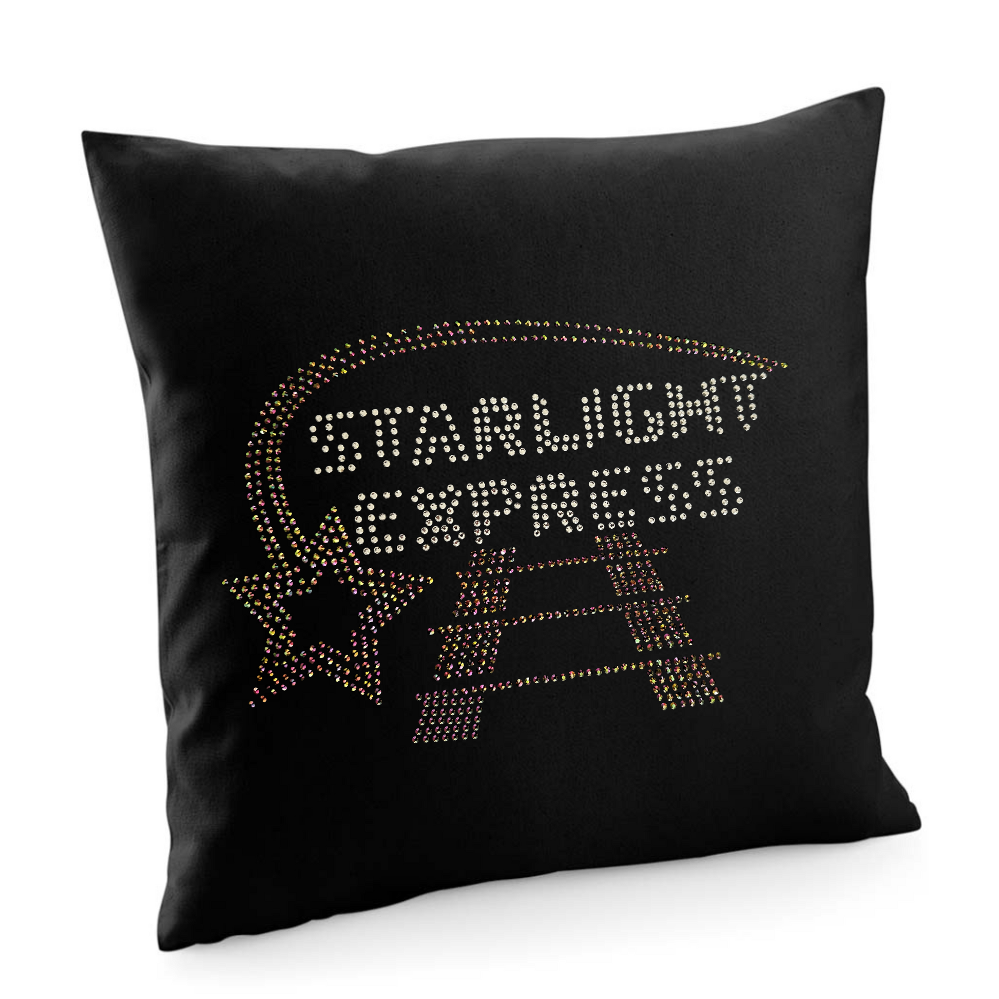 STARLIGHT EXPRESS BLACK COTTON CUSHION COVER WITH SILVER STARLIGHT WRITING, RAINBOW ROSE GOLD STAR TRAIL GOING AROUND THE WRITING AND TRAIN TRACK BELOW
THE DESIGN IS MADE UP OF HOT FIX RHINESTONES THAT HEAT PRESSED AND CATCH THE LIGHT BEAUTIFULLY