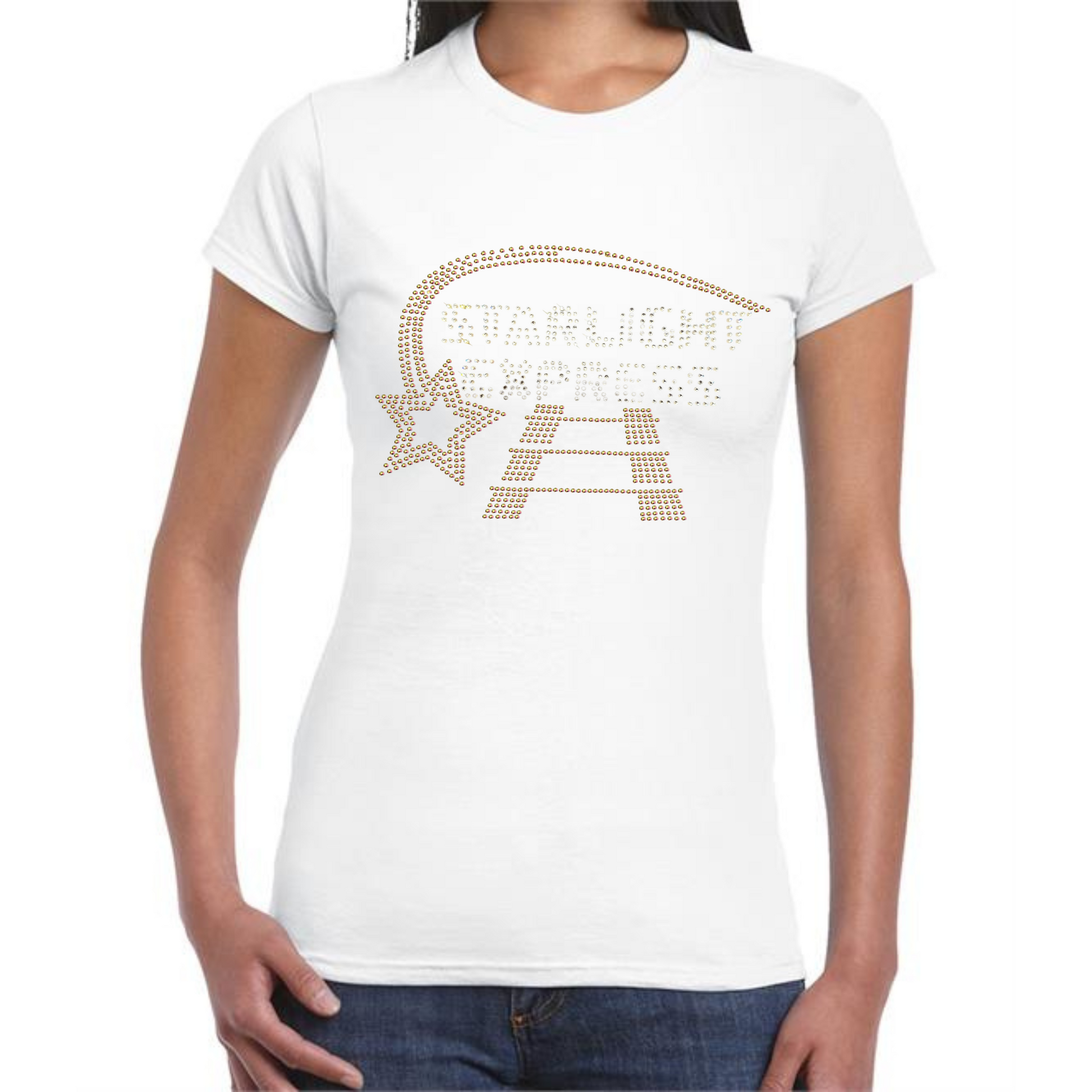 White cotton ladies fit t shirt with Starlight inspired design on the front with silver Starlight Express writing with rainbow rose gold starlight trail over the top of the writing and train track underneath Design is made up of hot fix rhinestones that are heat pressed to produce  a design that sparkles and catches the light beautifully.

