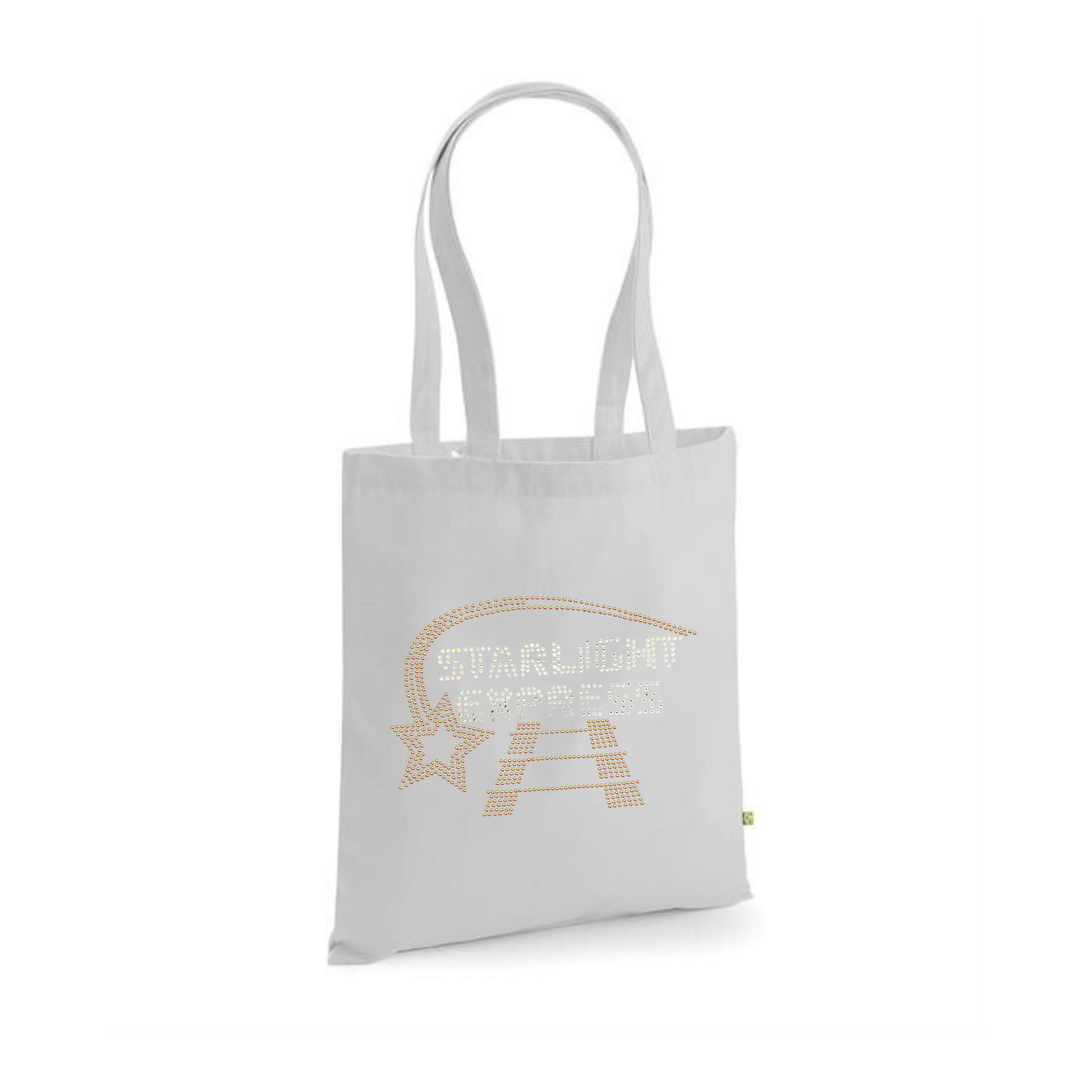 Light grey cotton tote bag, on the front there is  silver Starlight Express writing with rainbow rose gold starlight trail over the top of the writing and train track underneath.
The design is made up of sparkling hot fix rhinestones that catch the light and sparkle.