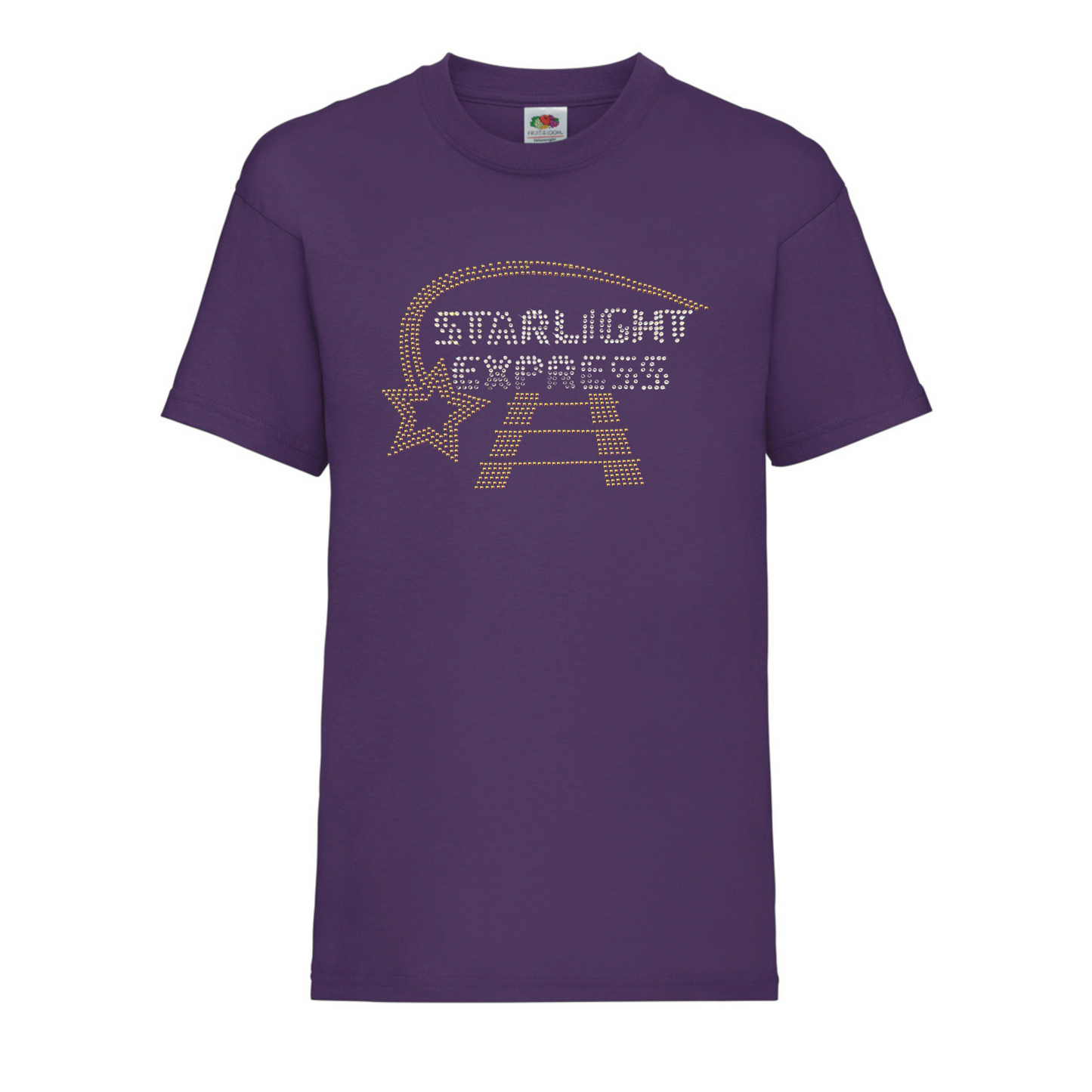 Purple cotton t shirt with Starlight inspired design on the front with silver Starlight Express writing with rainbow rose gold starlight trail over the top of the writing and train track underneath Design is made up of hot fix rhinestones that are heat pressed to produce  a design that sparkles and catches the light beautifully.

