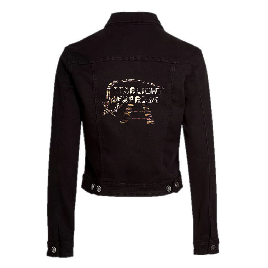 Black soft denim jacket, on the back there is silver Starlight Express writing with rainbow rose gold starlight trail over the top of the writing and train track underneath.
The design is made up of sparkling hot fix rhinestones that catch the light and sparkle.