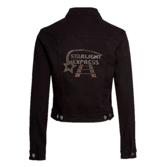 Black soft denim jacket, on the back there is silver Starlight Express writing with rainbow rose gold starlight trail over the top of the writing and train track underneath.
The design is made up of sparkling hot fix rhinestones that catch the light and sparkle.