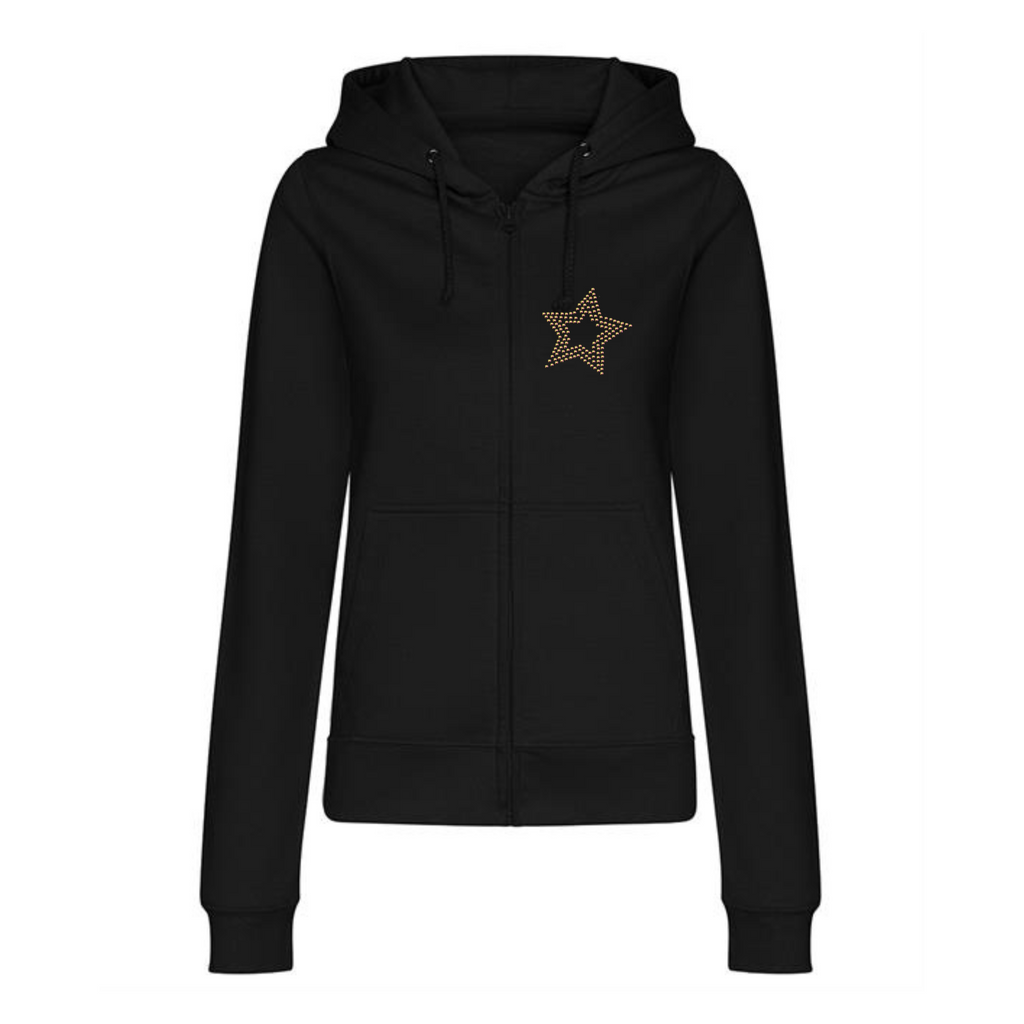 Zip up black hoodie, on the front left chest is a rainbow rose gold star.
The design is made up of sparkling hot fix rhinestones that catch the light and sparkle.