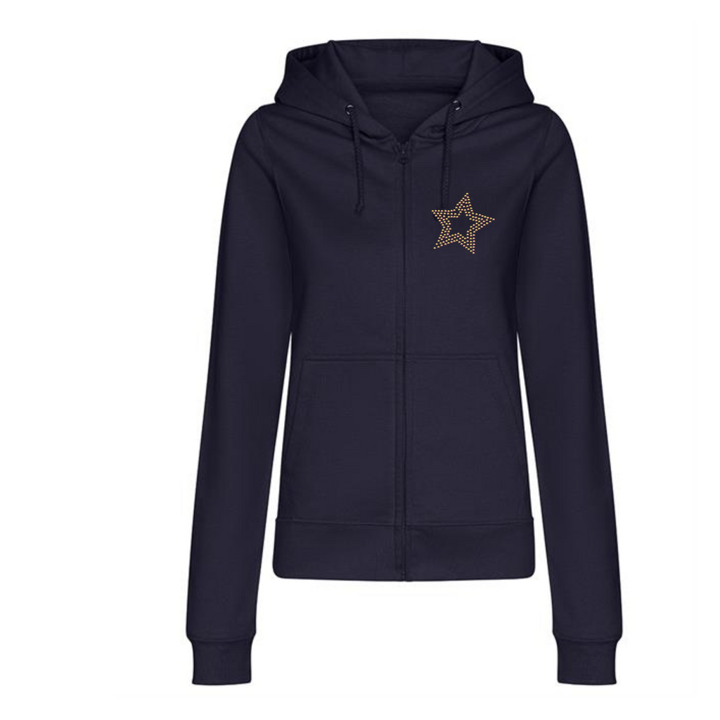 Zip up navy hoodie, on the front left chest is a rainbow rose gold star.
The design is made up of sparkling hot fix rhinestones that catch the light and sparkle.