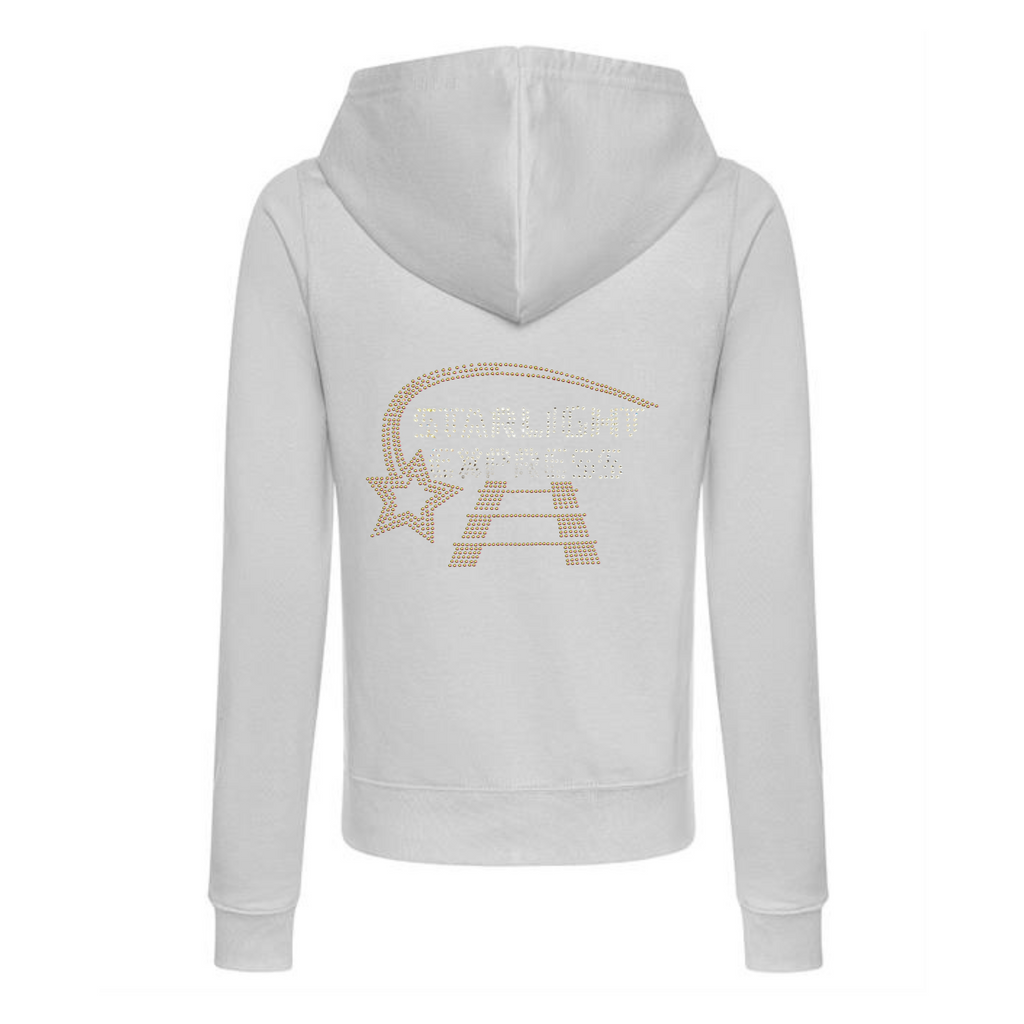 Zip up grey hoodie, with silver starlight writing and rainbow rose gold star and trail and track underneath.
The design is made up of sparkling hot fix rhinestones that catch the light and sparkle.