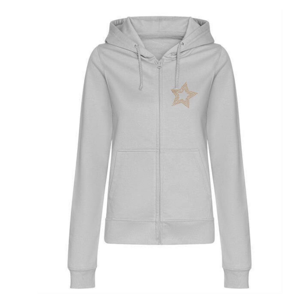 Zip up grey hoodie, on the front left chest is a rainbow rose gold star.
The design is made up of sparkling hot fix rhinestones that catch the light and sparkle.