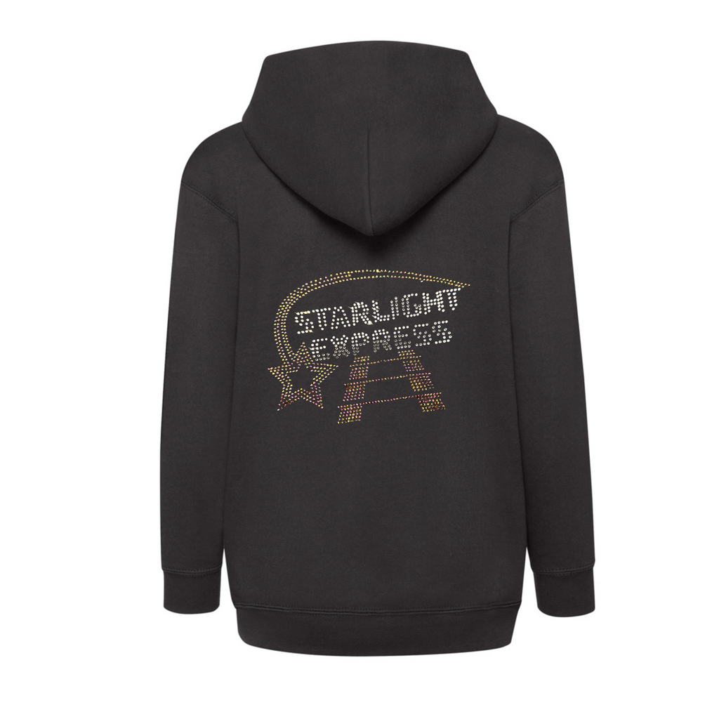 Black cotton children's hoodie, on the back there is  silver Starlight Express writing with rainbow rose gold starlight trail over the top of the writing and train track underneath.
The design is made up of sparkling hot fix rhinestones that catch the light and sparkle and catch the light beautifully.