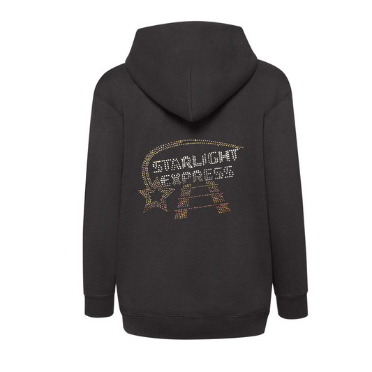 Black cotton children's hoodie, on the back there is  silver Starlight Express writing with rainbow rose gold starlight trail over the top of the writing and train track underneath.
The design is made up of sparkling hot fix rhinestones that catch the light and sparkle and catch the light beautifully.