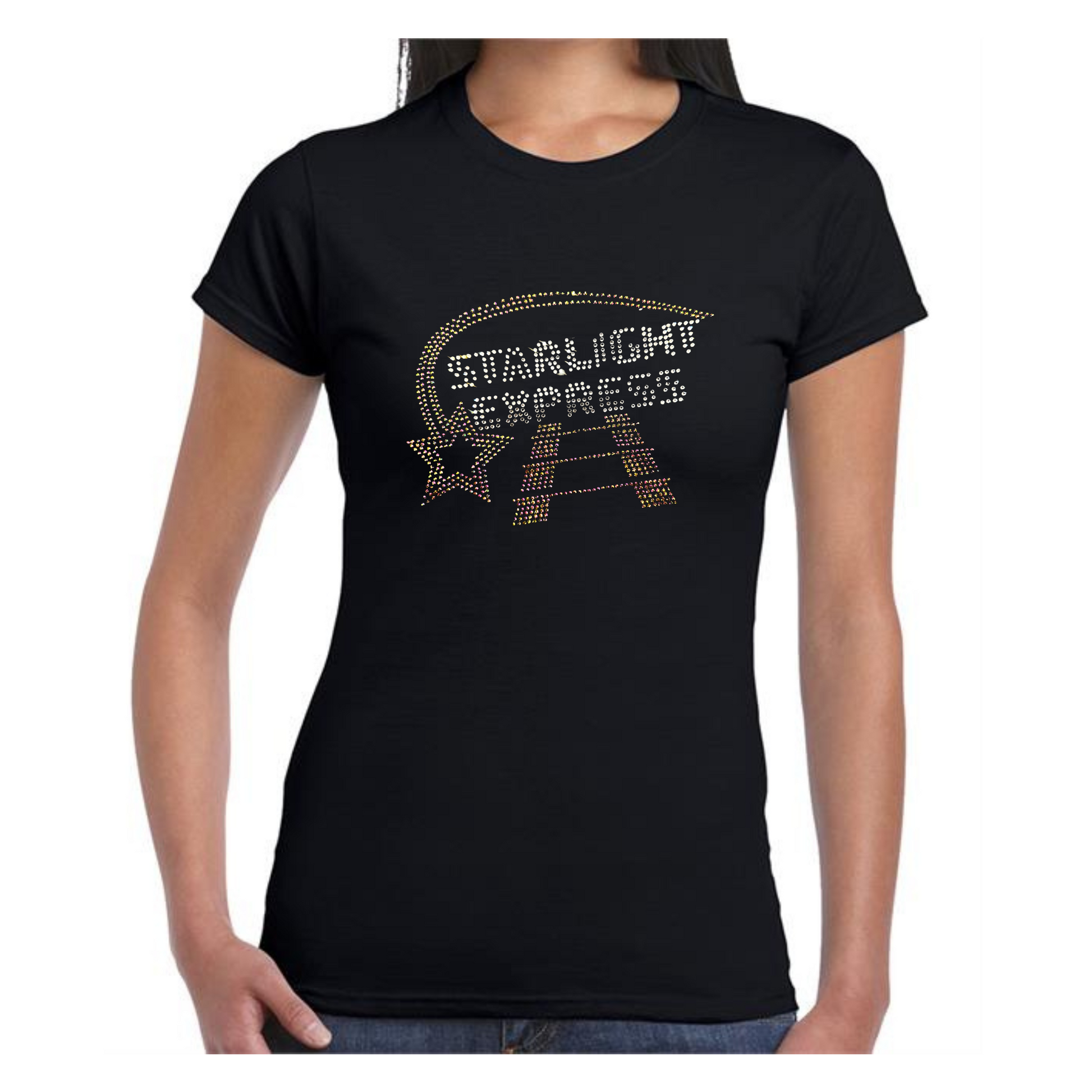 image showing front of  black ladies fit t shirt,  On the front is silver Starlight Express writing with rainbow rose gold starlight trail over the top of the writing and train track underneath,
The design is made up of sparkling hot fix rhinestones that catch the light and sparkle.