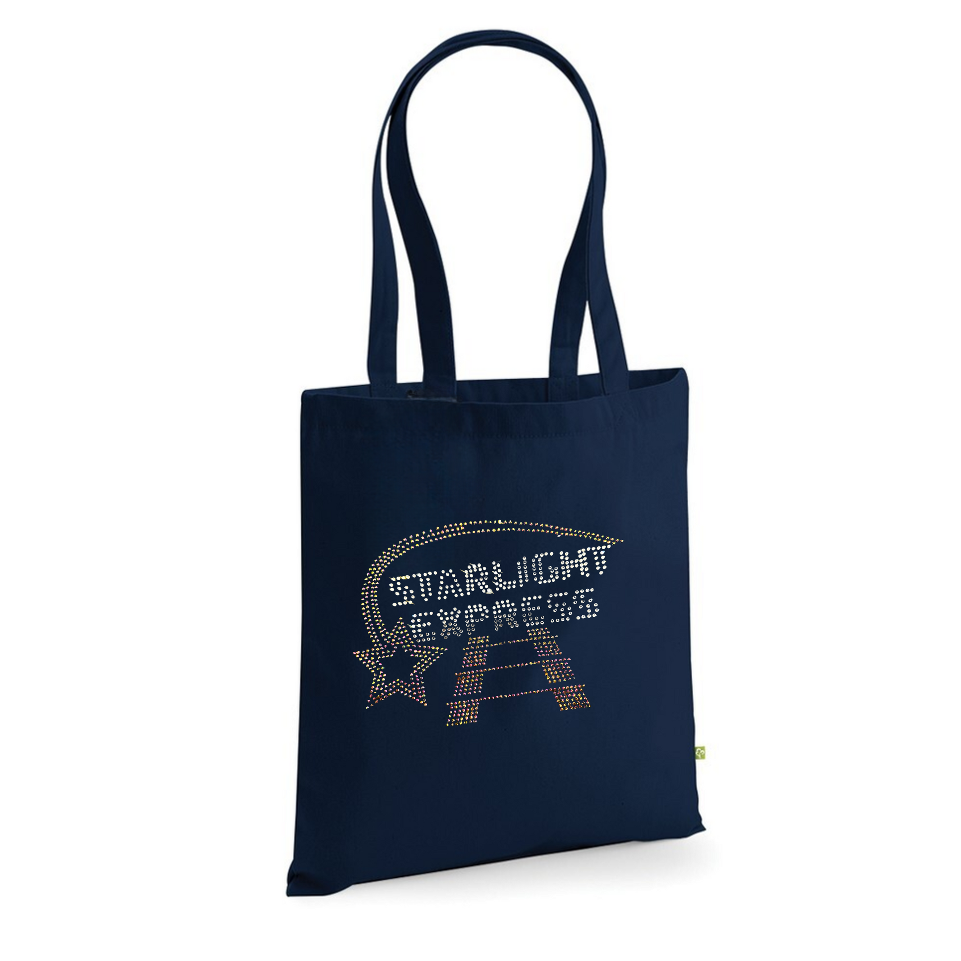 Navy cotton tote bag, on the front there is  silver Starlight Express writing with rainbow rose gold starlight trail over the top of the writing and train track underneath.
The design is made up of sparkling hot fix rhinestones that catch the light and sparkle.