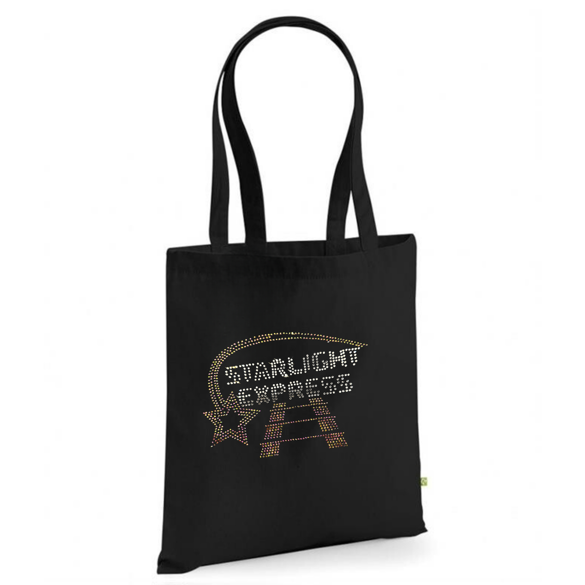 Black cotton tote bag, on the front there is  silver Starlight Express writing with rainbow rose gold starlight trail over the top of the writing and train track underneath.
The design is made up of sparkling hot fix rhinestones that catch the light and sparkle.
