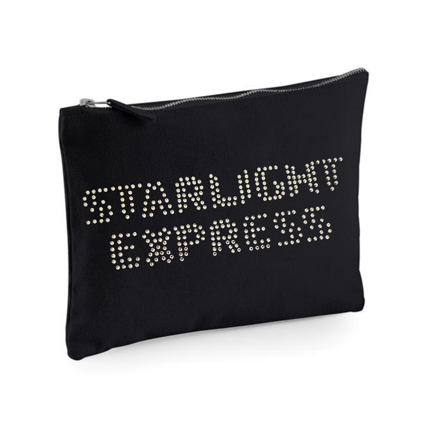 Black cotton zip up make up bag with silver starlight express writing across the front in hot fix silver sparkling rhinestones.