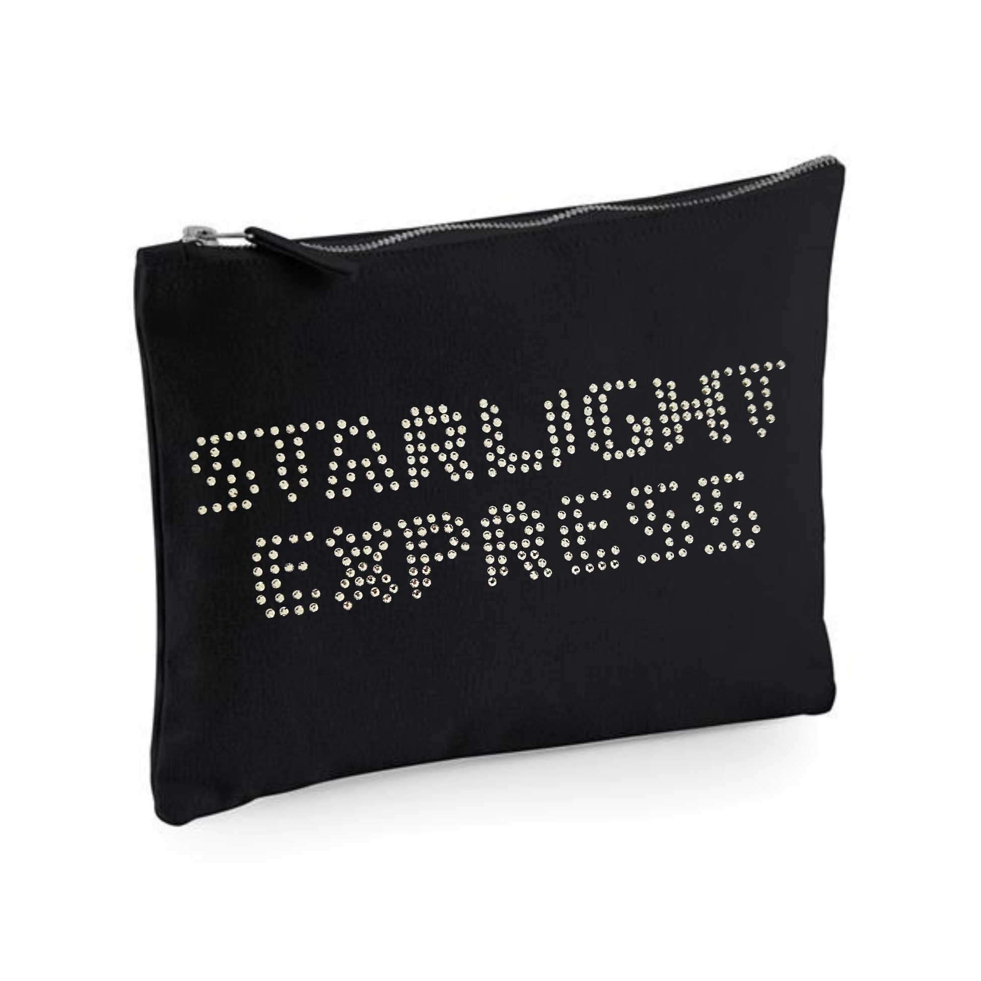 Black cotton zip up make up bag with silver starlight express writing across the front in hot fix silver sparkling rhinestones.