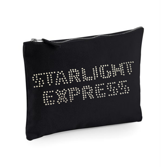 Black cotton zip up make up bag with silver starlight express writing across the front in hot fix silver sparkling rhinestones.