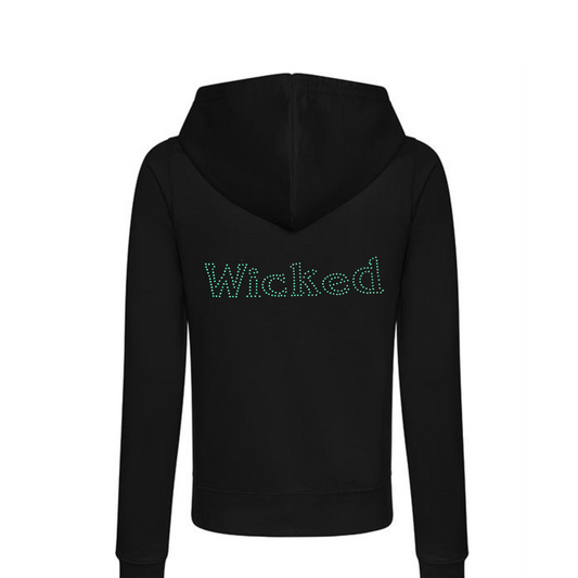 Black zip hoodie with green bling wicked rhinestones wording on the back