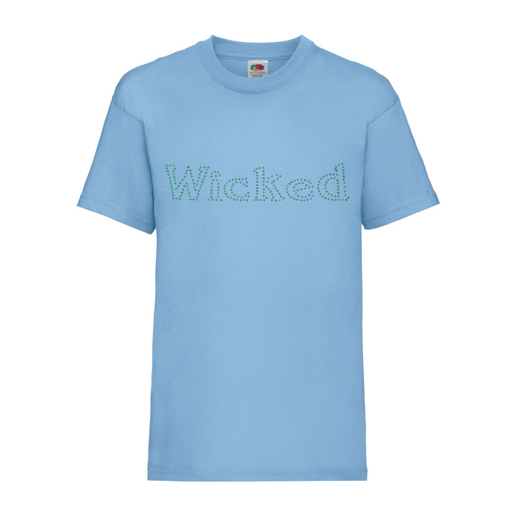 Blue short sleeve t shirt with green sparkling rhinestones spelling WICKED, the design is on the front in this image.