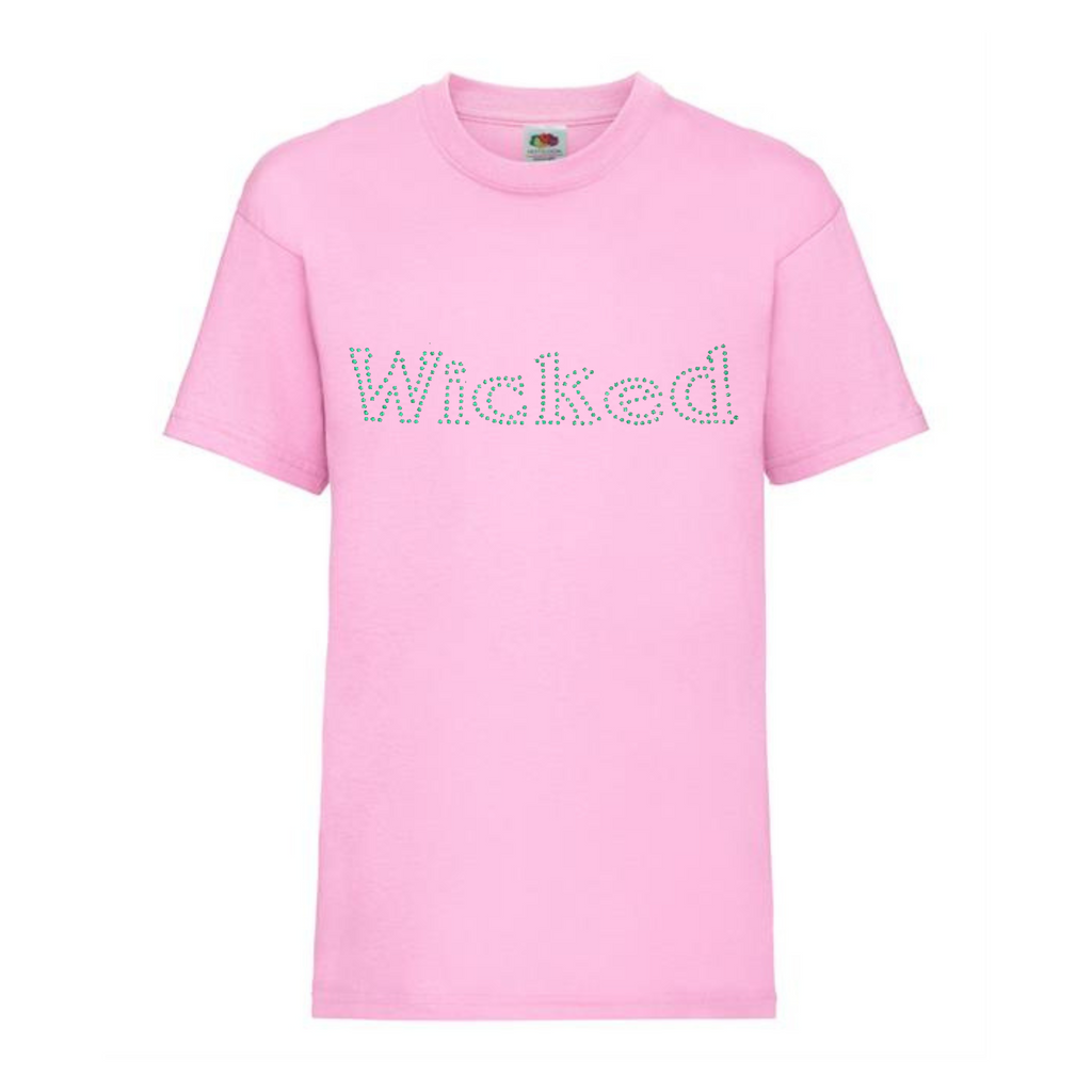 Pink short sleeve t shirt with green sparkling rhinestones spelling WICKED, the design is on the front in this image.