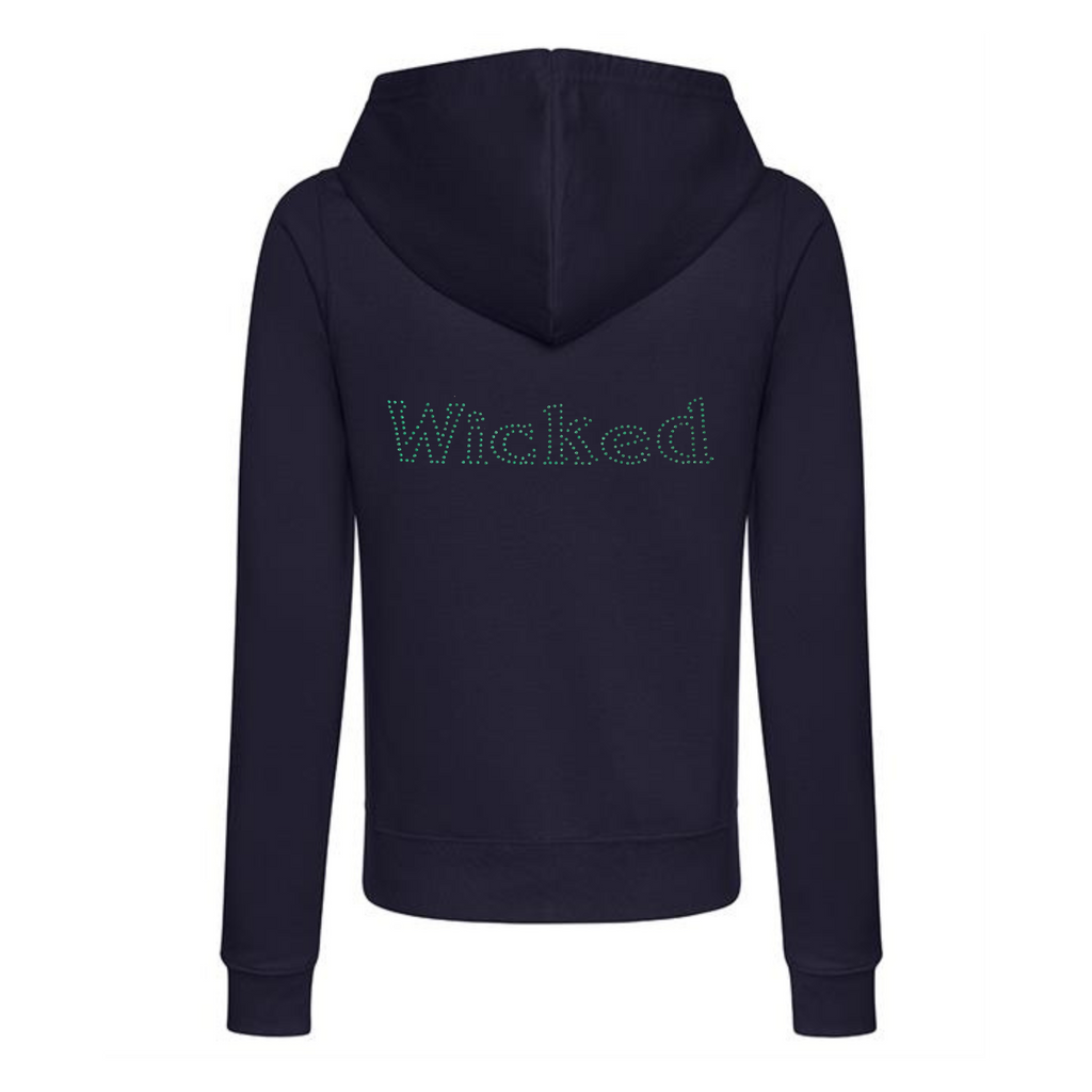 navy zip hoodie with green bling wicked rhinestones wording on the back
