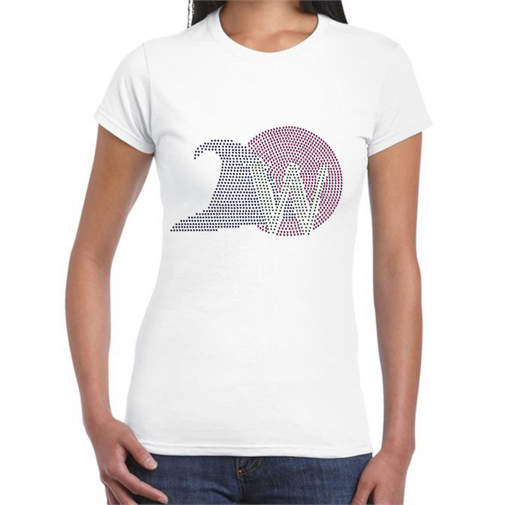 White short sleeve ladies fit t shirt with pink bubble with black witched hat and green W set into it.