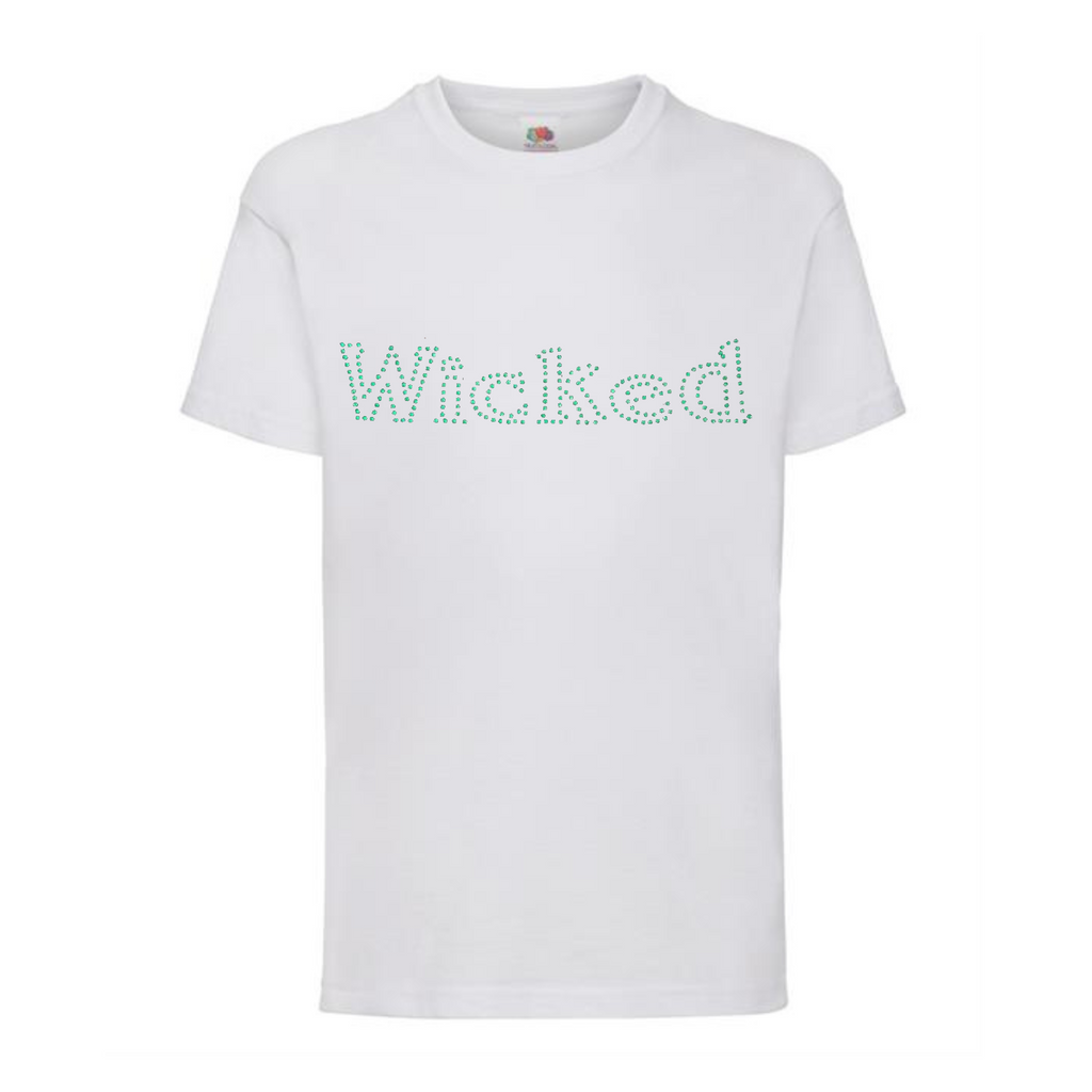 White short sleeve t shirt with green sparkling rhinestones spelling WICKED, the design is on the front in this image.