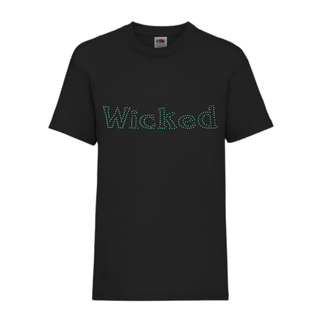 Black short sleeve t shirt with green sparkling rhinestones spelling WICKED, the design is on the front in this image.