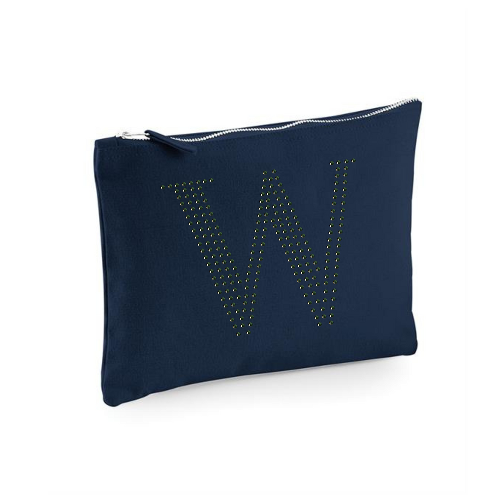 Navy, soft cotton zip up make up case, bag with green rhinestones spelling out a W the front.