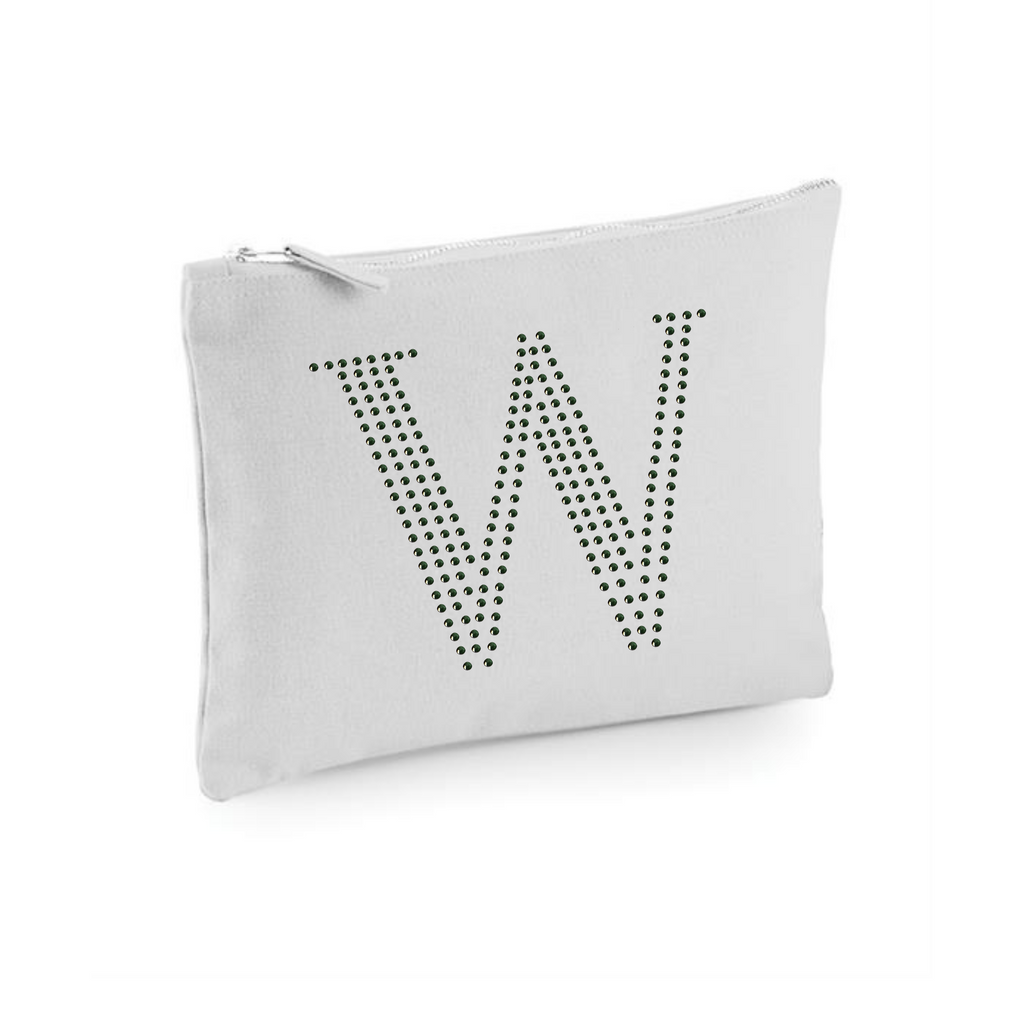 Light grey, soft cotton zip up make up case, bag with green rhinestones spelling out a W the front.