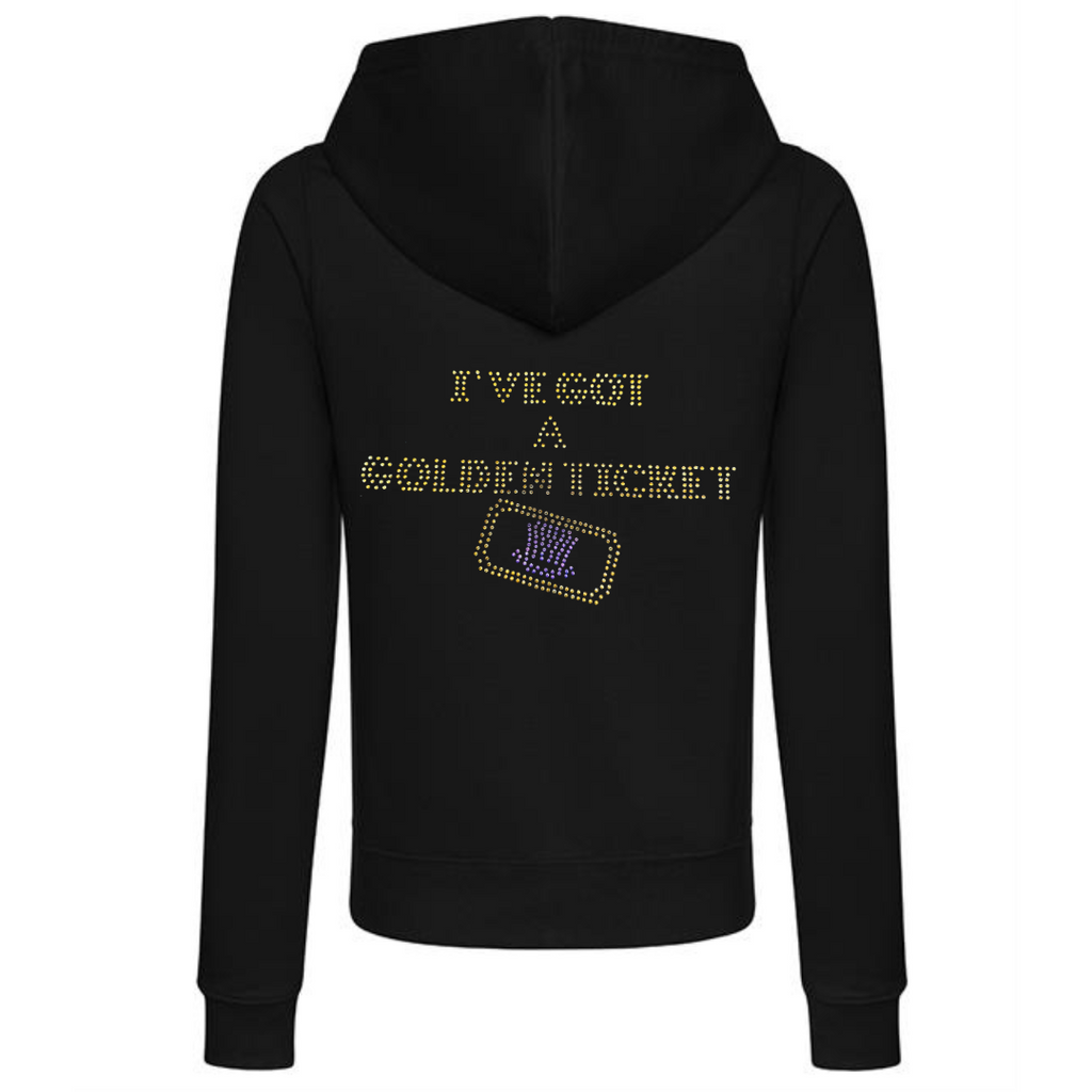Black pullover hoodie on the back, I've got a golden ticket lettering, set just below this is the outline of a golden ticket with purple wonka inspired hat set in the middle of the ticket.