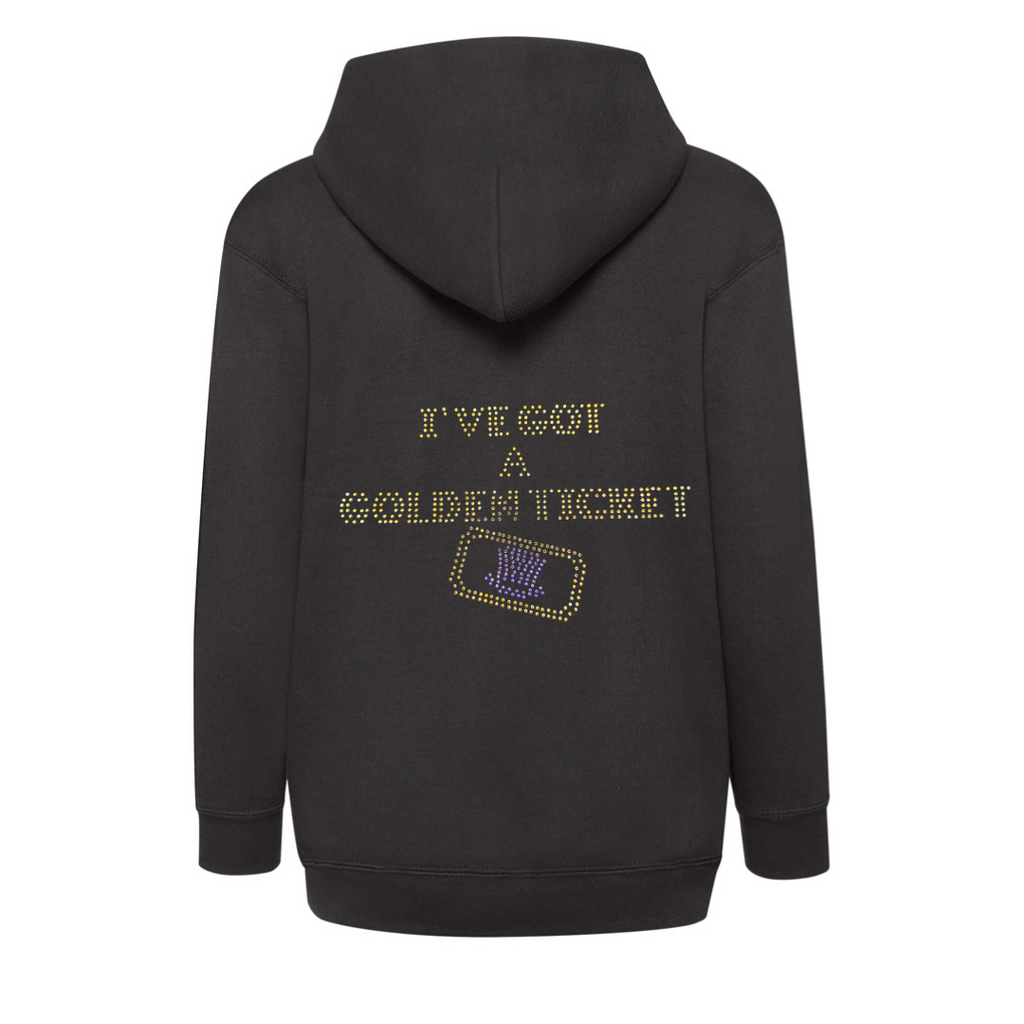 Black zip up hoodie on the back, I've got a golden ticket lettering, set just below this is the outline of a golden ticket with purple wonka inspired hat set in the middle of the ticket.