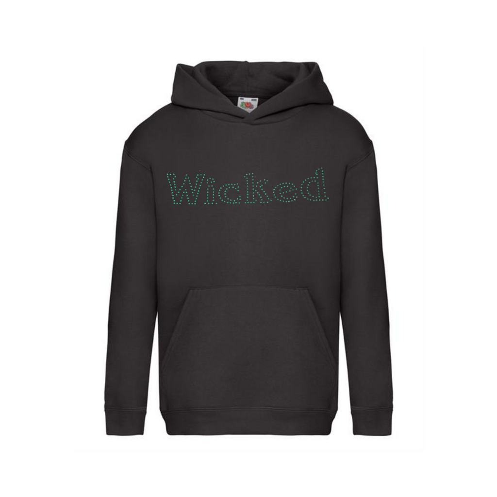 Black children's hoodie with green sparkling rhinestones spelling WICKED, the design is on the FRONT in this image.