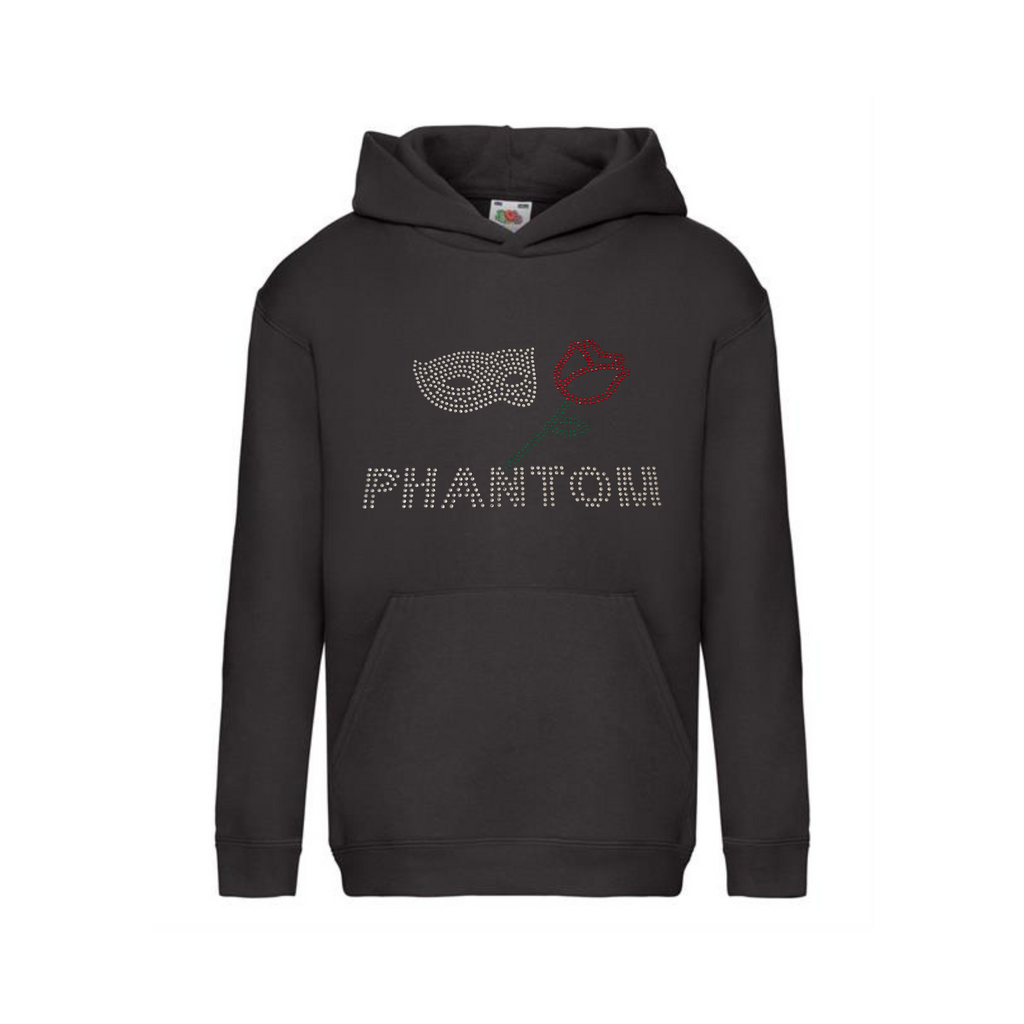 BLACK COTTON PULLOVER HOODIE, ON THE FRONT PHANTOM LETTERING, ABOVE THIS A SILVER MASK AND RED ROSE WITH GREEN STEM AND LEAF.
THE DESIGN IS MADE UP OF HOT FIX RHINESTONES THAT HEAT PRESSED AND CATCH THE LIGHT BEAUTIFULLY