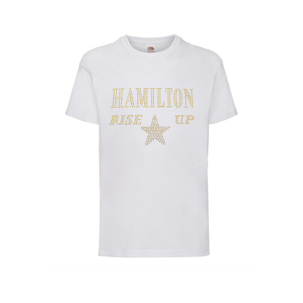 White cotton short sleeve t shirt with HAMILTON AND RISE UP spelt out and a gold star underneath.
The design is made up of gold rhinestones that sparkle in the light beautifully.
