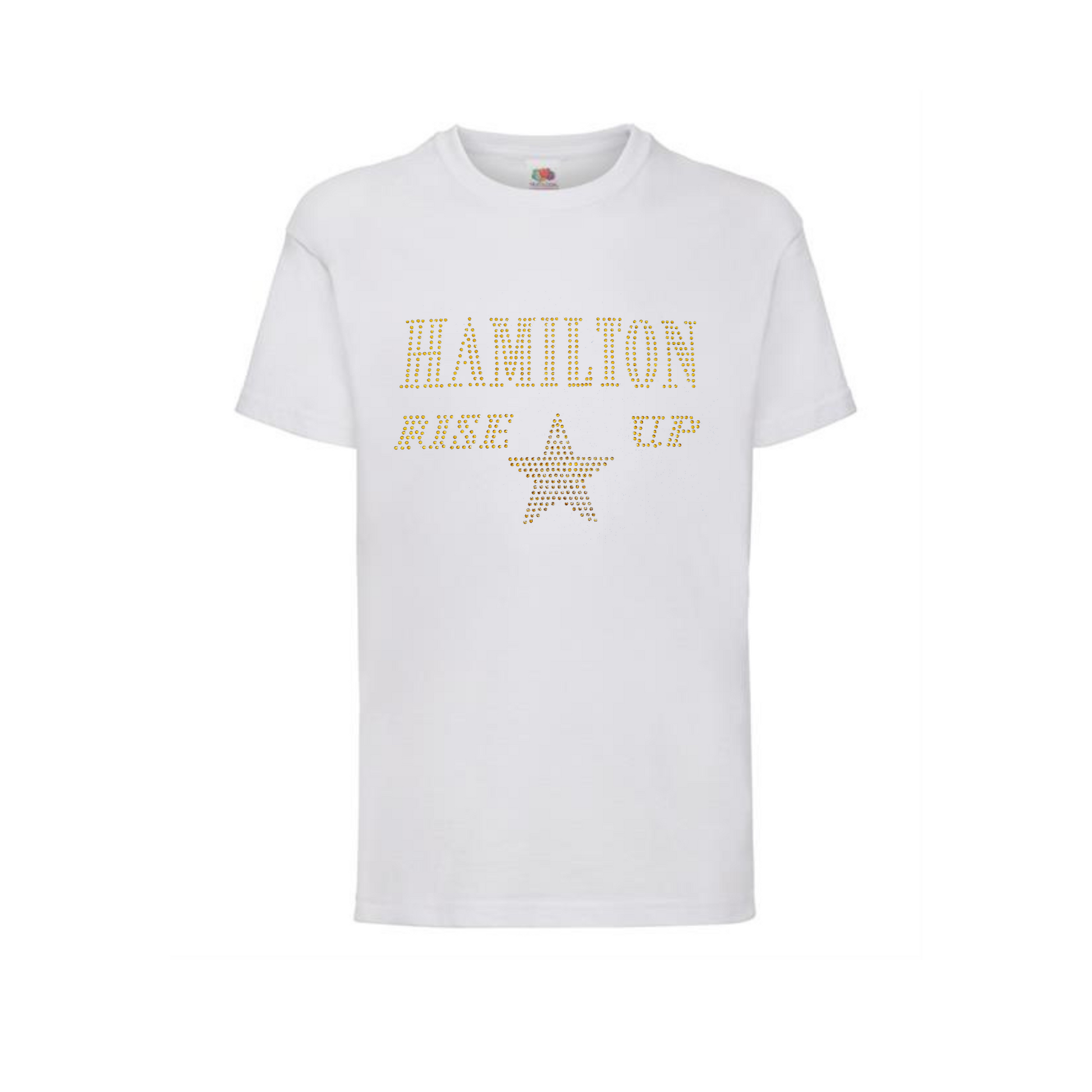 White cotton short sleeve t shirt with HAMILTON AND RISE UP spelt out and a gold star underneath.
The design is made up of gold rhinestones that sparkle in the light beautifully.
