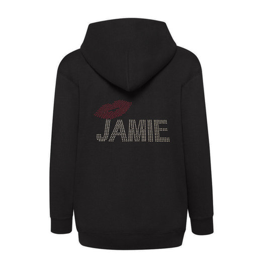 Black zip up hoodie with silver rhinestones detailing Jamie and red rhinestones lips, very sparkly