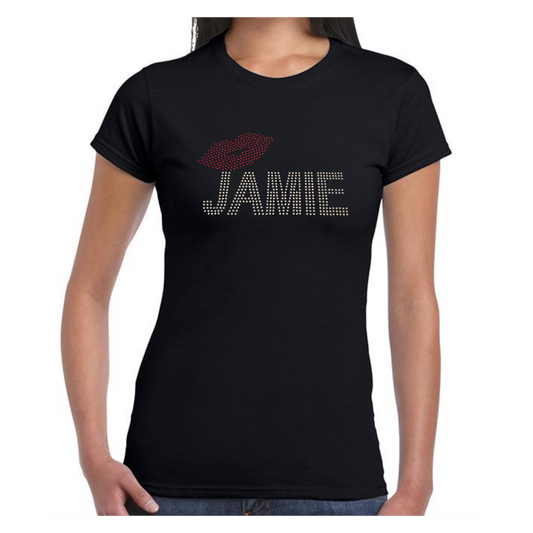 ladies fit Black t shirt with silver rhinestones detailing Jamie and red rhinestones lips, very sparkly