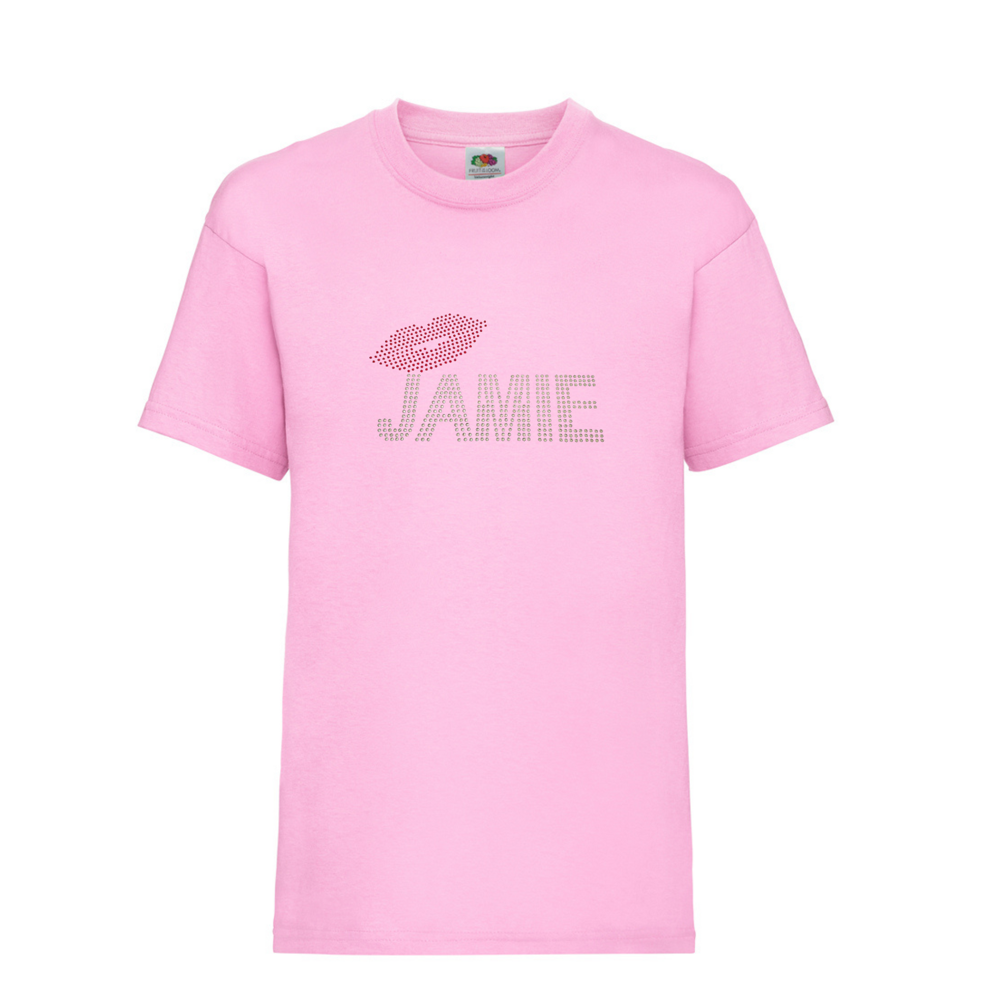 pink children's short sleeve t shirt with silver rhinestones detailing Jamie and red rhinestones lips, very sparkly