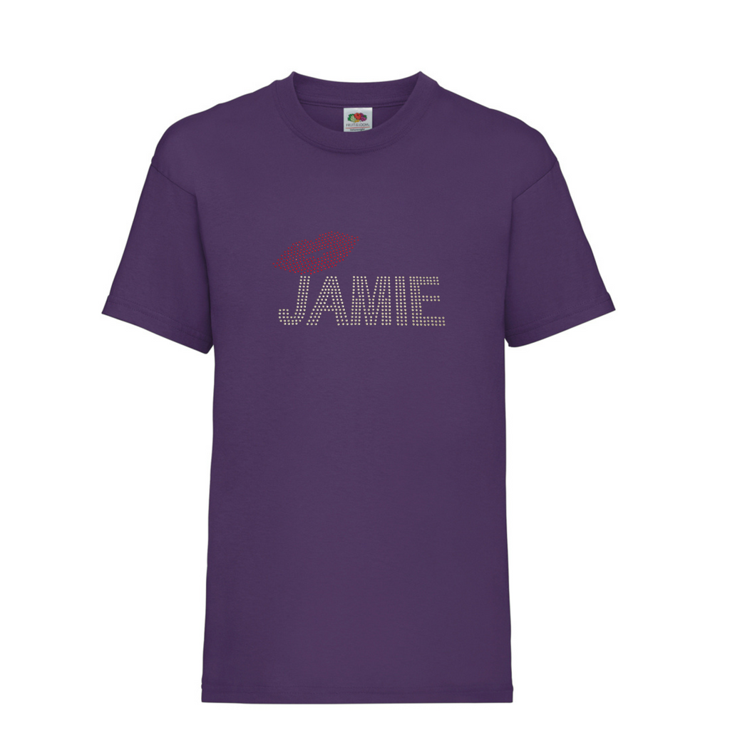 purple children's short sleeve t shirt with silver rhinestones detailing Jamie and red rhinestones lips, very sparkly