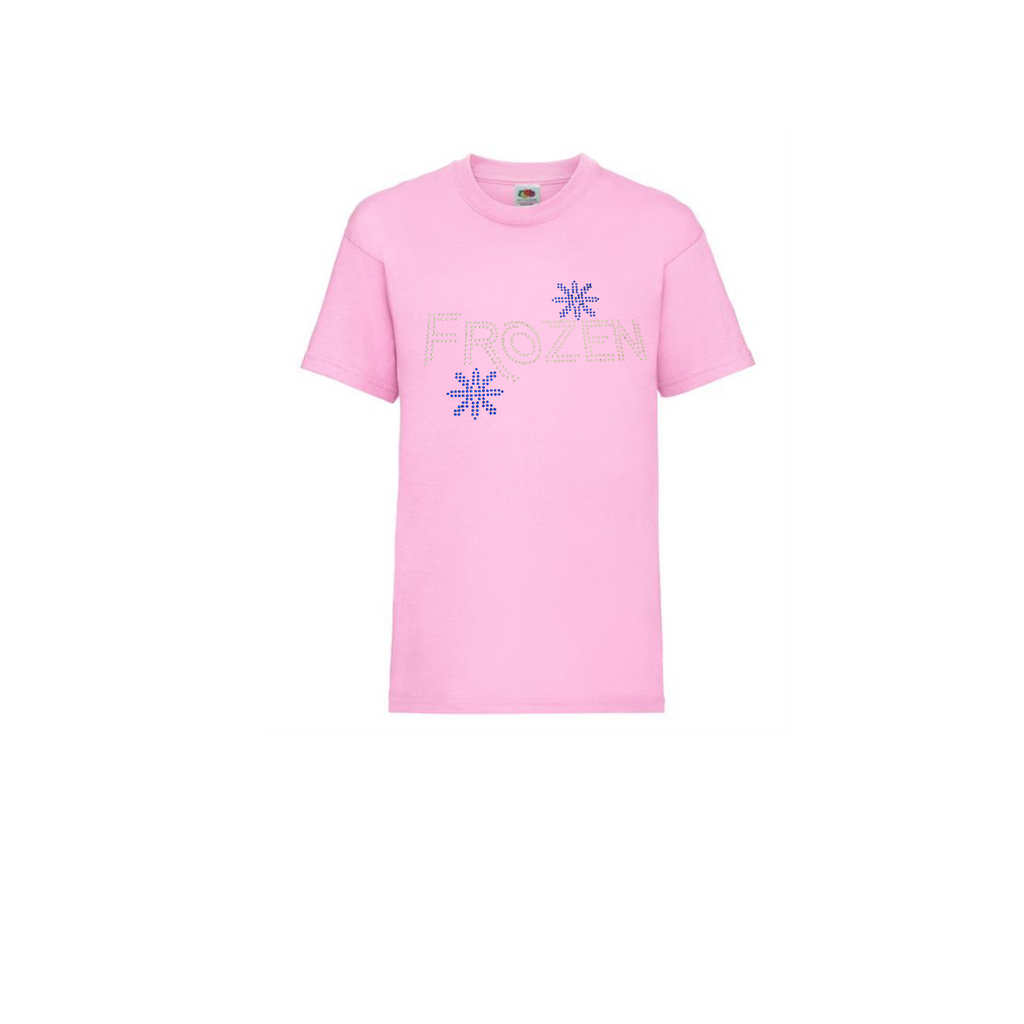 Children's pink short sleeve t shirt, on the front is, FROZEN LETTERING WITH TWO BLUE SNOWFLAKES SET ABOVE THE Z AND BELOW R. THE DESIGN IS MADE UP OF HOT FIX RHINESTONES THAT HEAT PRESSED AND CATCH THE LIGHT BEAUTIFULLY