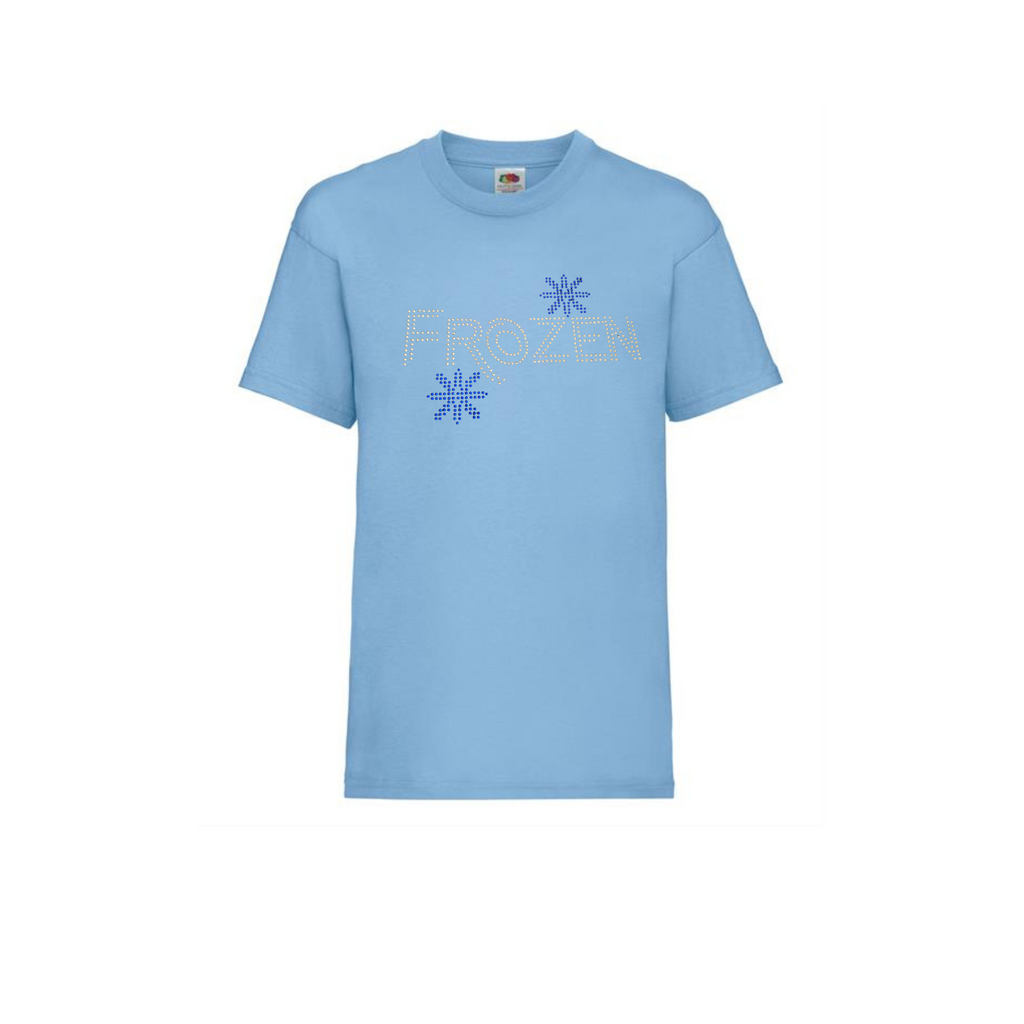 Children's blue short sleeve t shirt, on the front is, FROZEN LETTERING WITH TWO BLUE SNOWFLAKES SET ABOVE THE Z AND BELOW R. THE DESIGN IS MADE UP OF HOT FIX RHINESTONES THAT HEAT PRESSED AND CATCH THE LIGHT BEAUTIFULLY