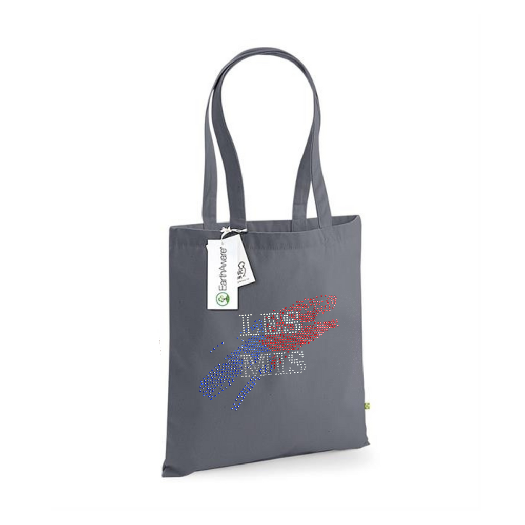 Dark grey cotton tote bag with Les Mis musical design centred on the front.
The design is silver LES MIS writing set into a blue and red splash of colour, the design is made up of hot fix rhinestones that heat pressed and catch the light beautifully