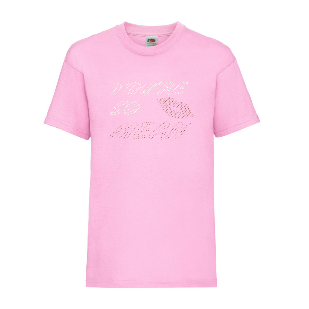 Mean girls, pink cotton short sleeve t shirt, on the front of the t shirt, is silver and pink sparkly writing spelling out 'You're so mean" the last word mean is in pink, set in the middle of the lettering is a set of pink lips.