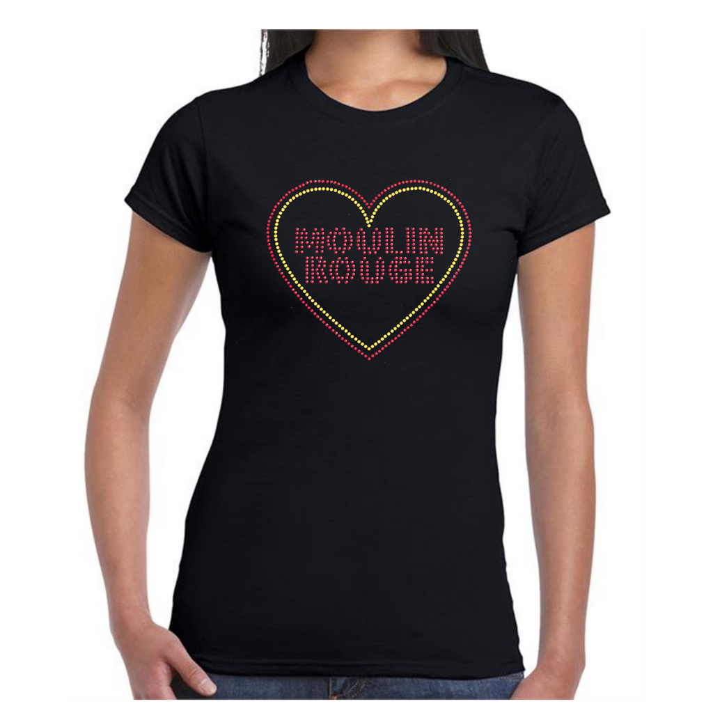 Black short sleeve ladies T shirt with a moulin rouge inspired design on the front. The design is made up of Moulin Rouge lettering in red sparkling stones, there is also a red and gold heart around the writing, the design is made up of hot fix rhinestones that are heat pressed